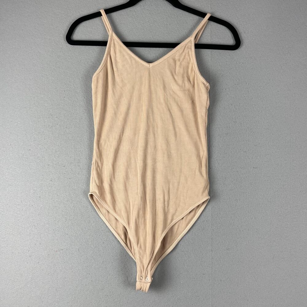 Agolde V Strap Bodysuit Womens Medium‎ Beige Ribbed Bamboo Stretch Minimal Basic